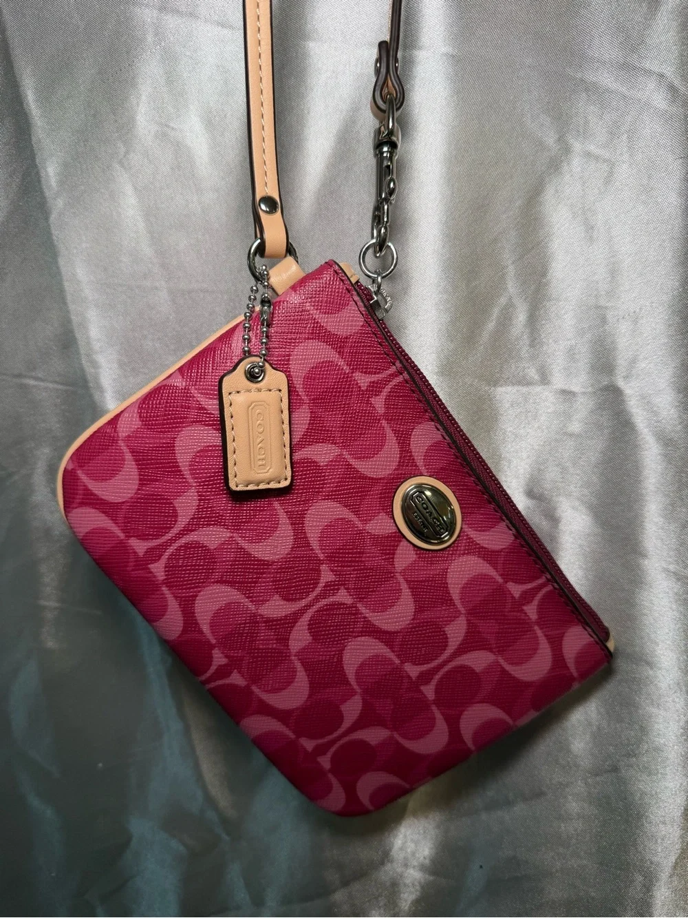 Coach Signature Canvas Wristlet in Fuchsia with Tan Strap
